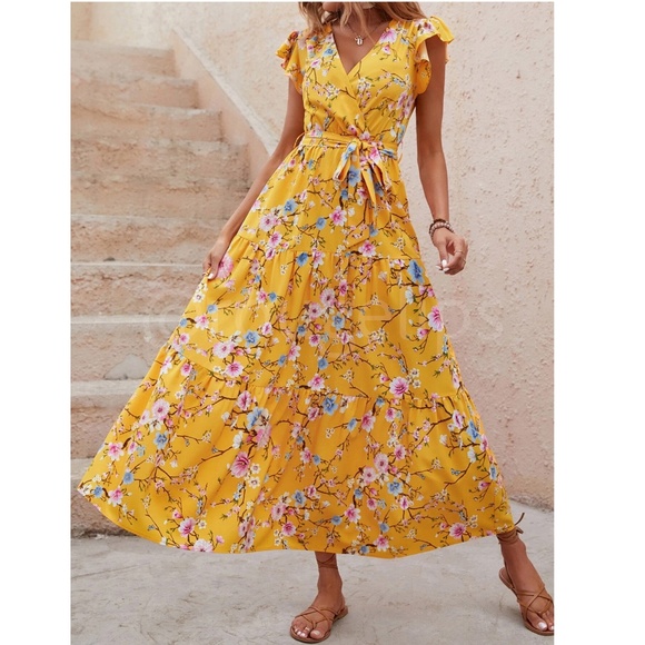 Floral Dress Surplice Overlapping V Neck Fit & Flare Maxi Long Yellow Tie Belt - Picture 4 of 8
